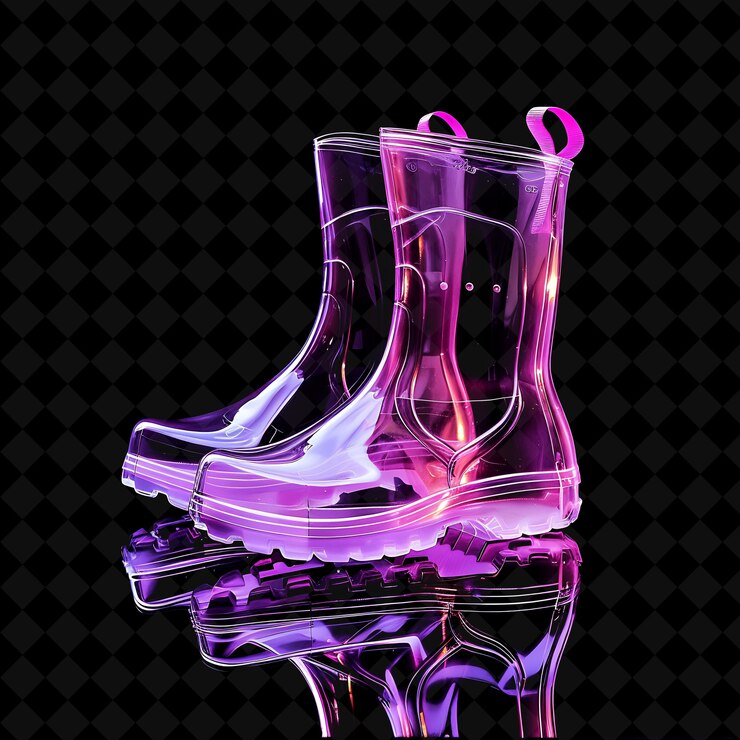 PSD botas de lluvia modernas con un acabado brillante y un objeto de neón desi impermeable sobre un fondo oscuro
