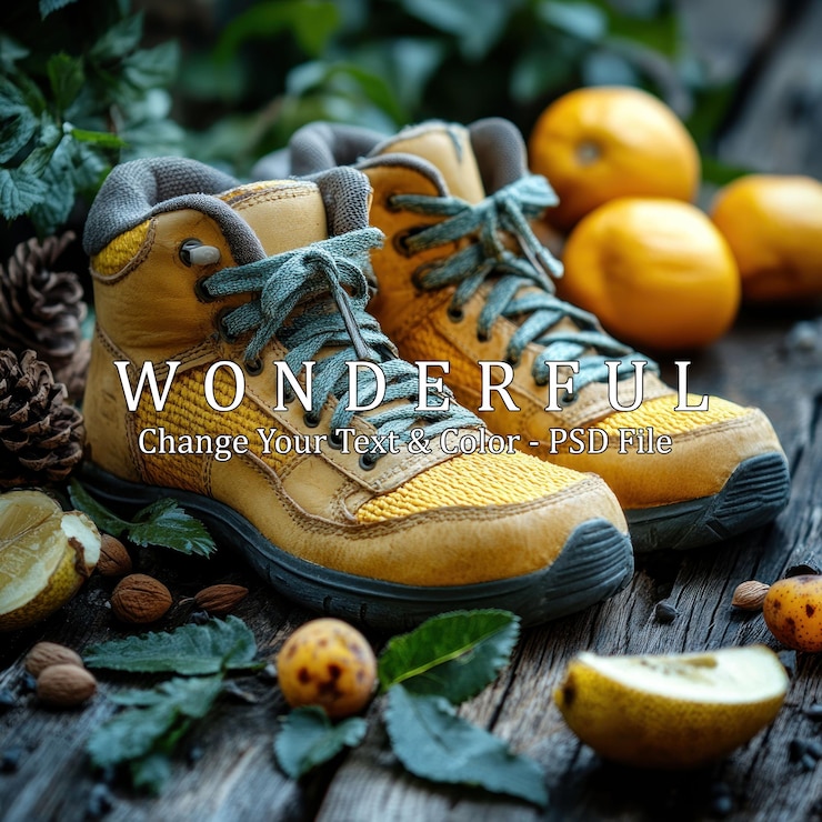 PSD botas de senderismo amarillas con frutas y hojas en superficie de madera