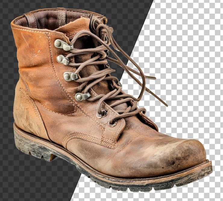 PSD botas de senderismo de cuero usadas sobre un fondo blanco cortadas en stock png
