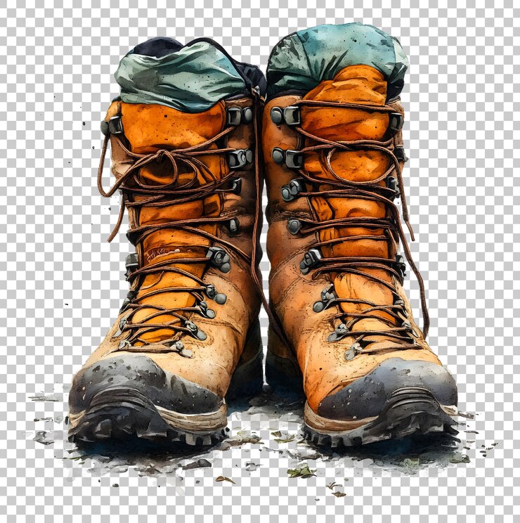 PSD botas de senderismo gastadas descansando en el suelo húmedo después de una aventura en la naturaleza
