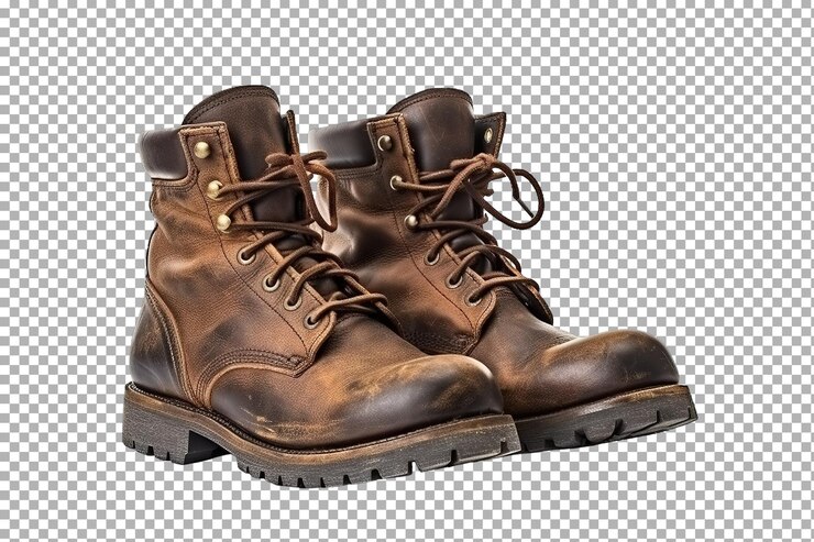 PSD botas de trabajo clásicas de cuero marrón expuestas sobre un fondo blanco con detalles intrincados resaltados aislados en un fondo transparente png