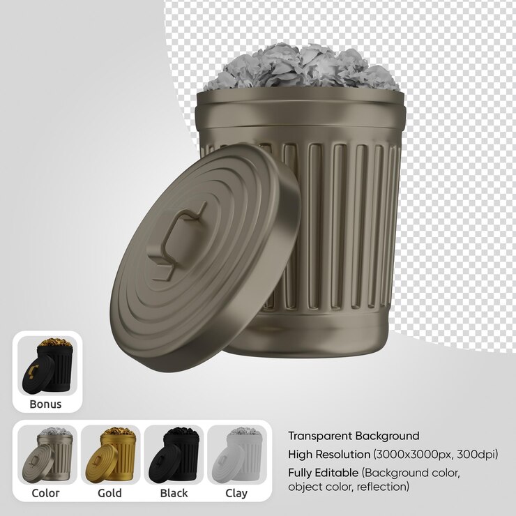 PSD bote de basura 3d con papel