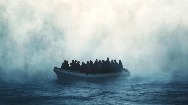 PSD un bote inflable abarrotado navegando a través de un mar de niebla