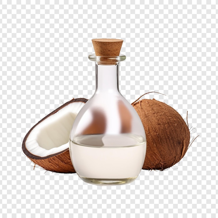 PSD botella de aceite de coco aislada sobre un fondo transparente