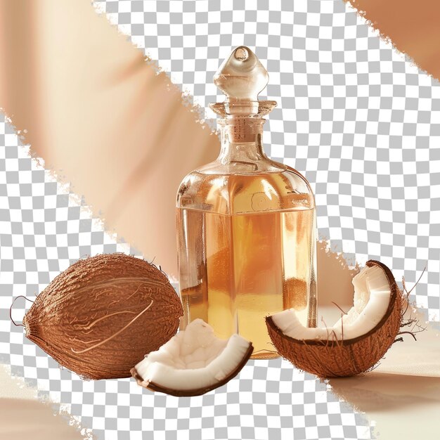 Una botella de aceite de coco con una botella de petróleo de coco y una botella