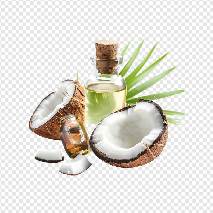 PSD botella de aceite de coco con coco aislado sobre un fondo transparente por la ia generativa