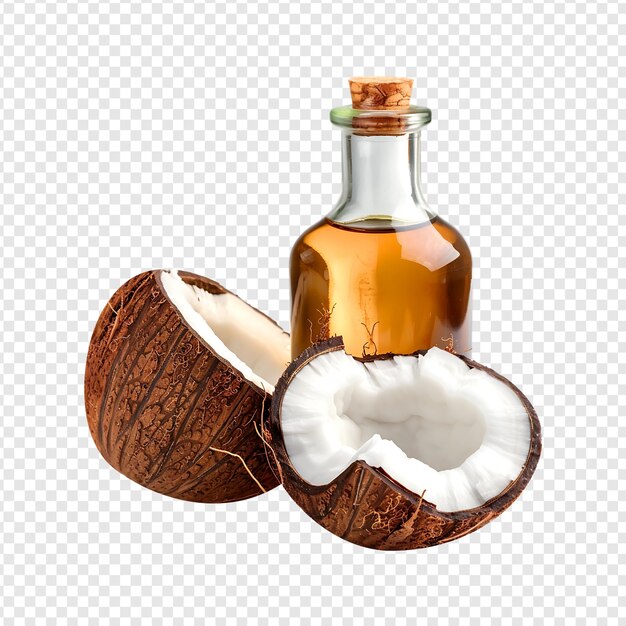 Botella de aceite de coco con coco aislado sobre un fondo transparente por la IA generativa