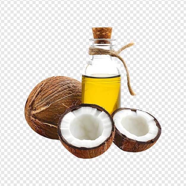 Botella de aceite de coco con coco aislado sobre un fondo transparente por la IA generativa