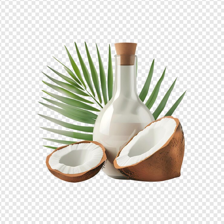 PSD botella de aceite de coco con coco aislado sobre un fondo transparente por la ia generativa