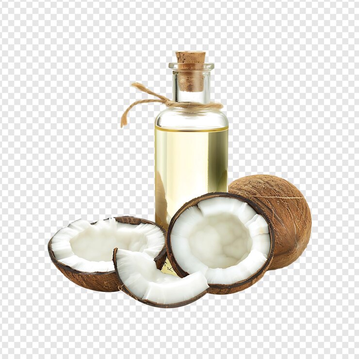 PSD botella de aceite de coco con coco aislado sobre un fondo transparente por la ia generativa
