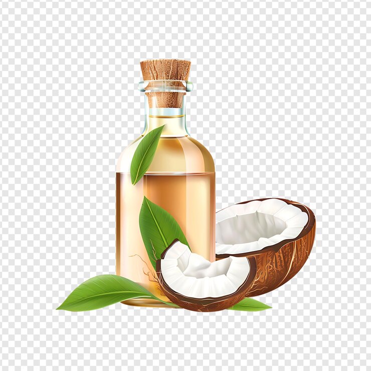 PSD botella de aceite de coco con coco aislado sobre un fondo transparente por la ia generativa