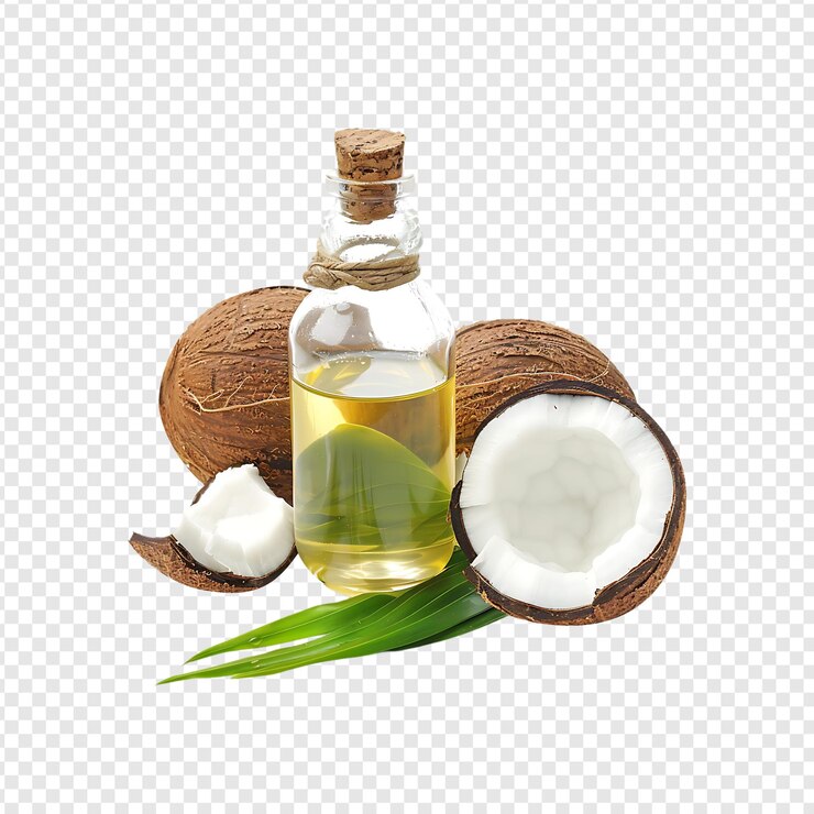 PSD botella de aceite de coco con coco aislado sobre un fondo transparente por la ia generativa