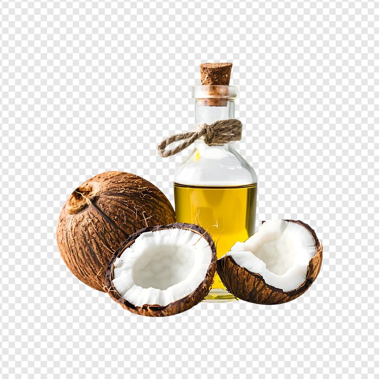 PSD botella de aceite de coco con coco aislado sobre un fondo transparente por la ia generativa