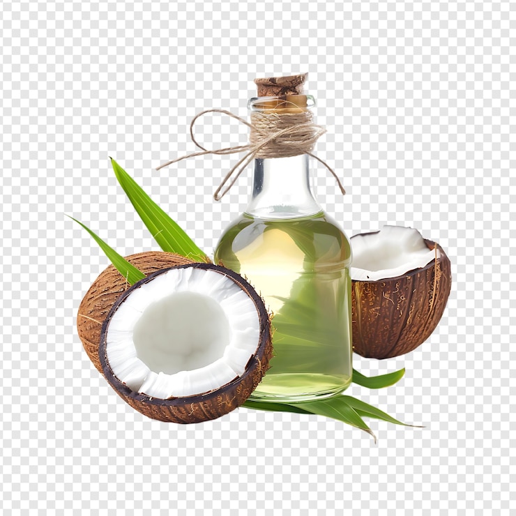 PSD botella de aceite de coco con coco aislado sobre un fondo transparente por la ia generativa