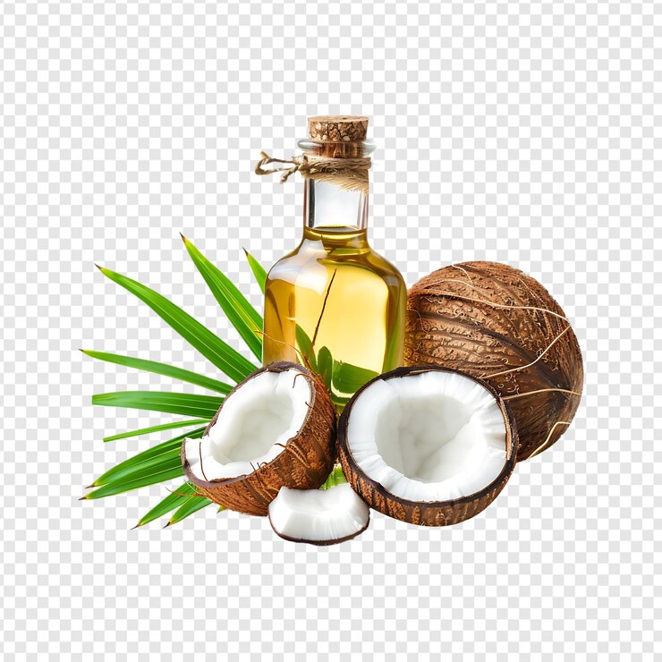 PSD botella de aceite de coco con coco aislado sobre un fondo transparente por la ia generativa
