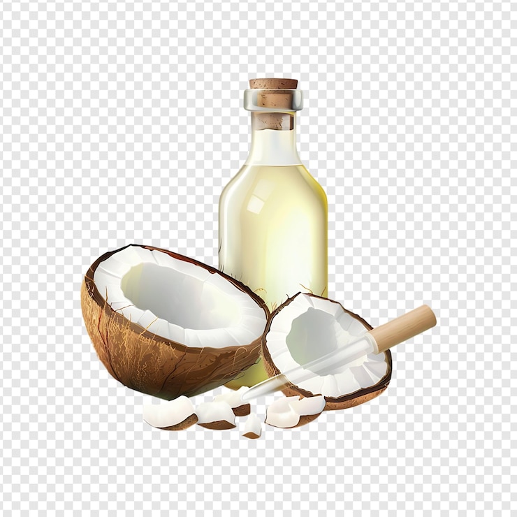 PSD botella de aceite de coco con coco aislado sobre un fondo transparente por la ia generativa