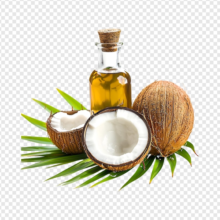 PSD botella de aceite de coco con coco aislado sobre un fondo transparente por la ia generativa