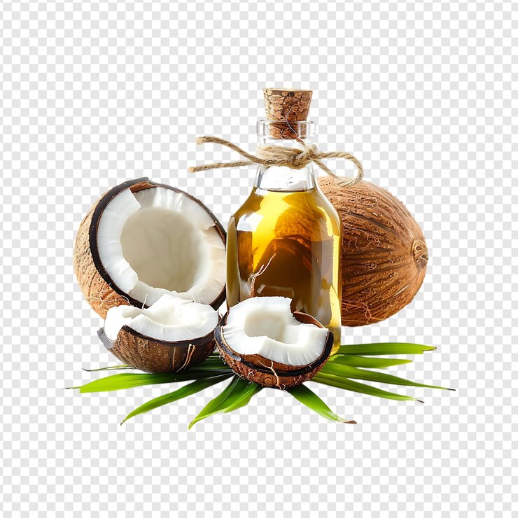 PSD botella de aceite de coco con coco aislado sobre un fondo transparente por la ia generativa