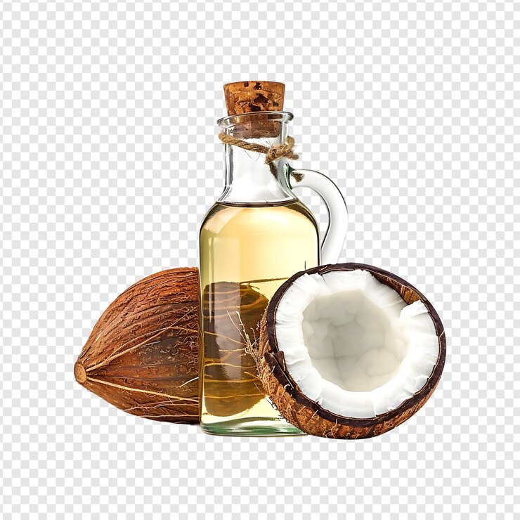 PSD botella de aceite de coco con coco aislado sobre un fondo transparente por la ia generativa