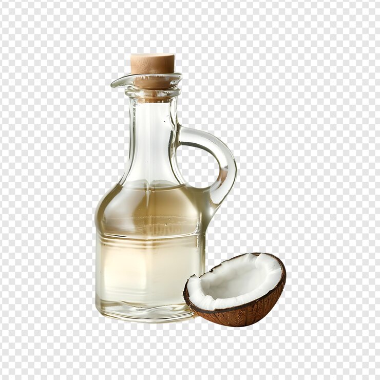 PSD botella de aceite de coco con coco aislado sobre un fondo transparente por la ia generativa