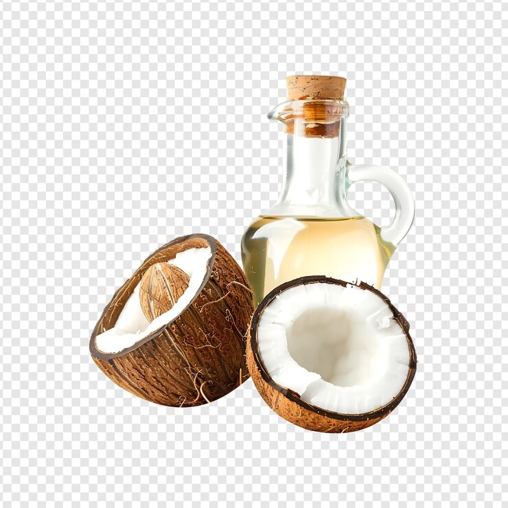 PSD botella de aceite de coco con coco aislado sobre un fondo transparente por la ia generativa