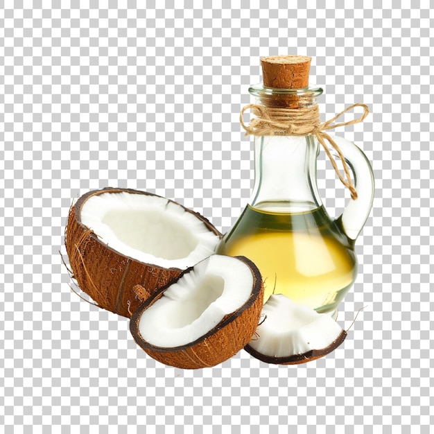 PSD botella de aceite de coco y coco cortado por la mitad sobre un fondo transparente