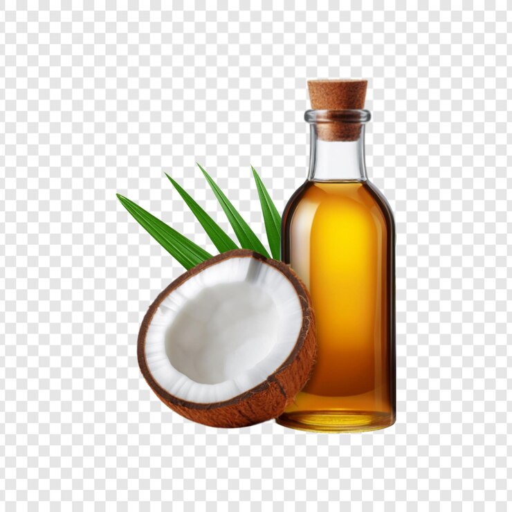 PSD botella de aceite de coco con rodaja aislada sobre un fondo transparente