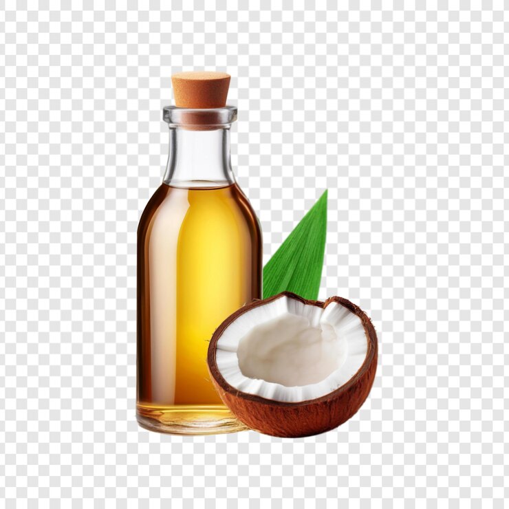 PSD botella de aceite de coco con rodaja y hoja aisladas sobre un fondo transparente