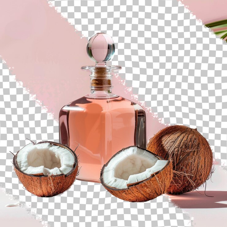 PSD una botella de aceite de coco se sienta en una superficie blanca con un fondo rosa