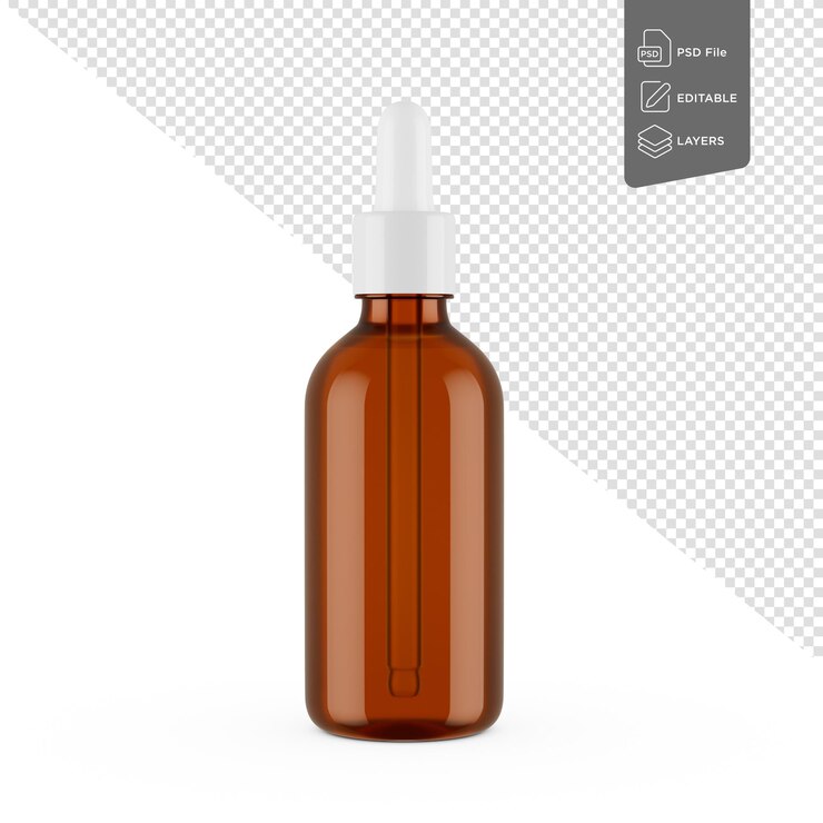 PSD botella de aceite cosmético de vidrio marrón vacío con tapa en fondo blanco ilustración 3d