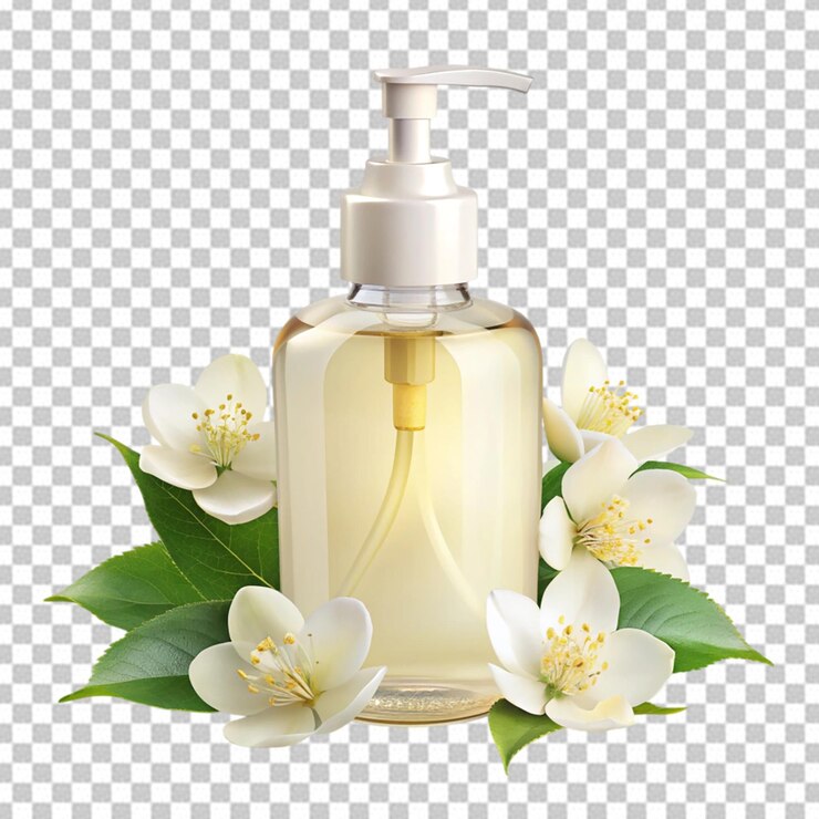 PSD una botella de aceite con flores en un fondo transparente