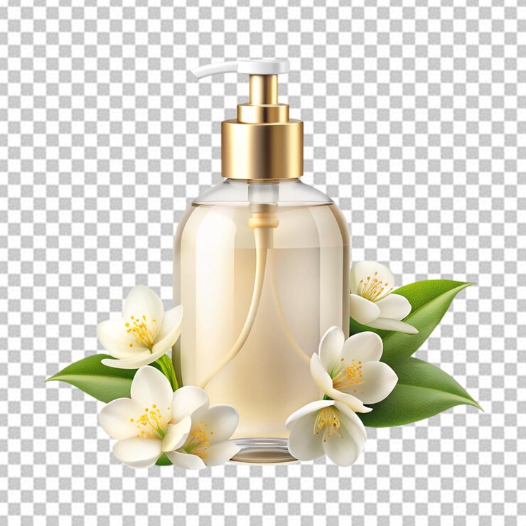 PSD una botella de aceite con flores en un fondo transparente