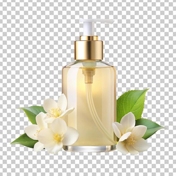 PSD una botella de aceite con flores en un fondo transparente