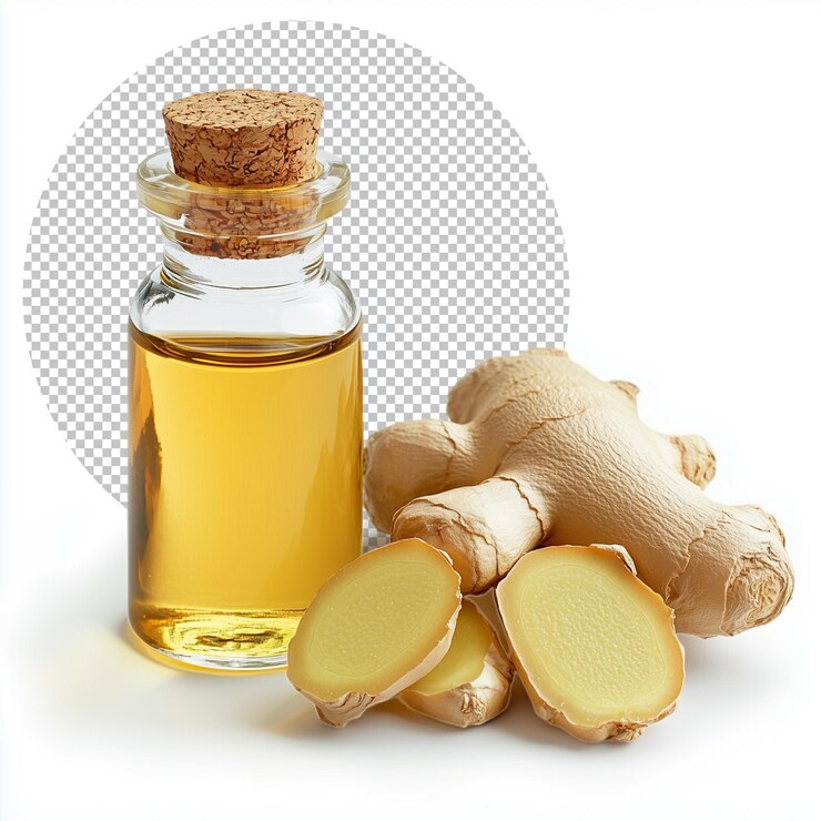 PSD botella de aceite de jengibre con raíz de jengible fresca