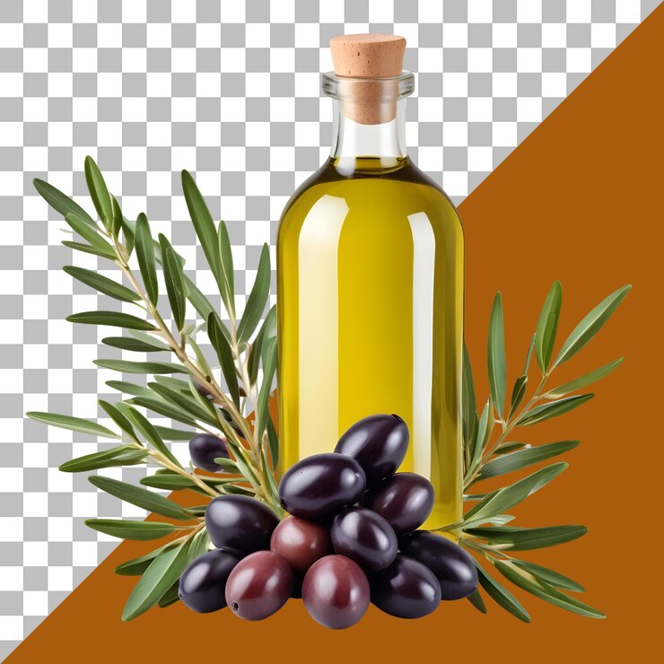 PSD botella de aceite de oliva con aceitunas aisladas sobre un fondo transparente