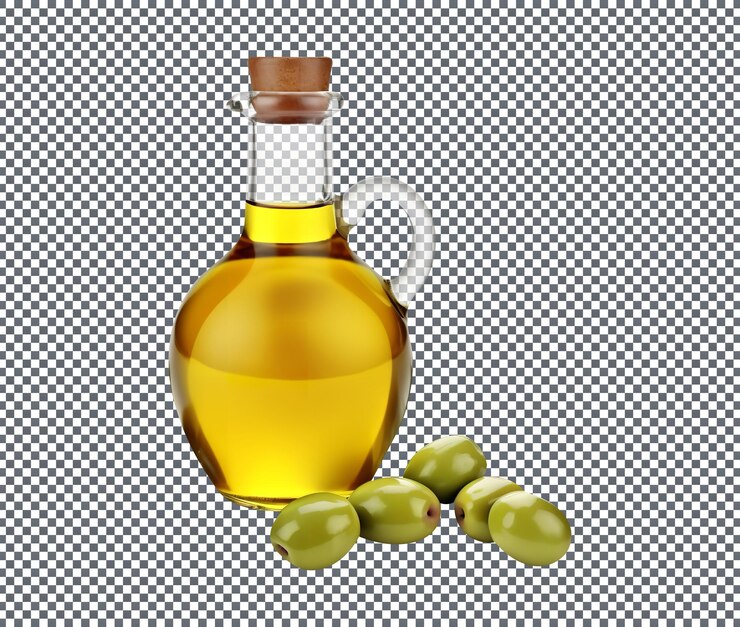 PSD botella de aceite de oliva con aceitunas frescas aisladas sobre fondo transparente