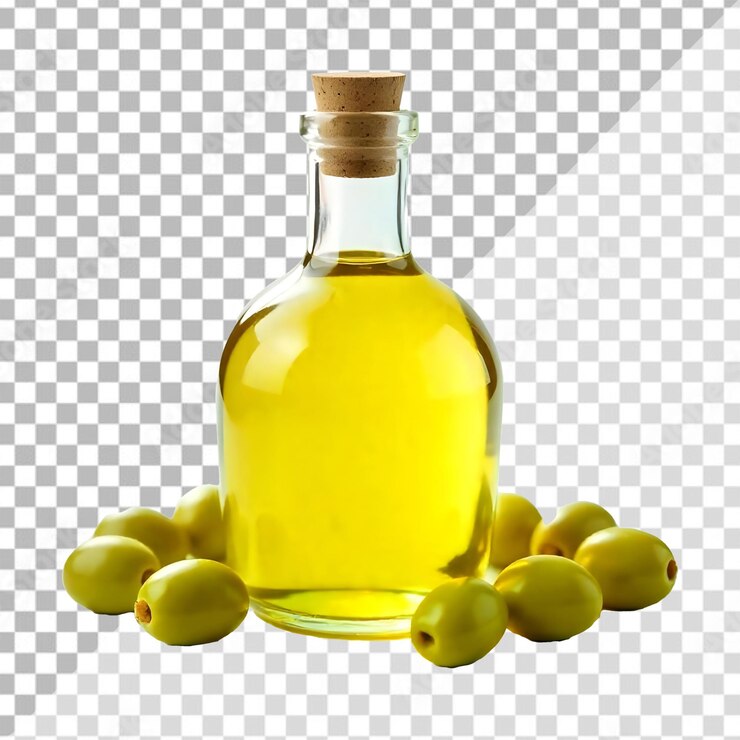 PSD botella de aceite de oliva en un fondo transparente aislado