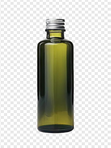 Una botella de aceite de oliva está en un fondo transparente