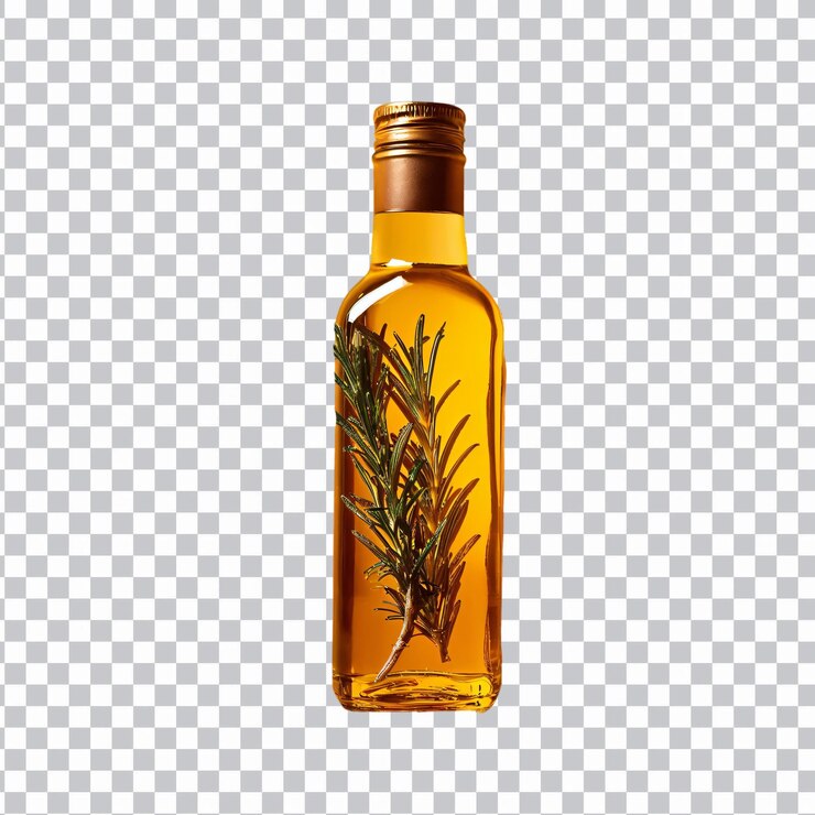 PSD botella de aceite de oliva con ramas frescas de romero aisladas sobre un fondo transparente
