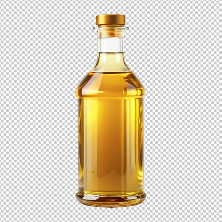 PSD una botella de aceite con una tapa de oro en un fondo transparente