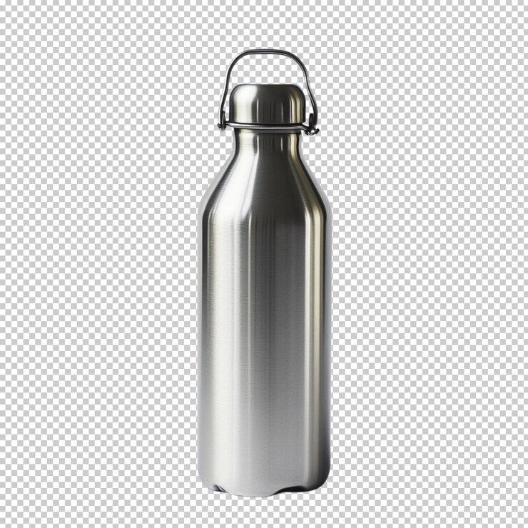 PSD botella de agua de acero inoxidable aislada sobre un fondo transparente