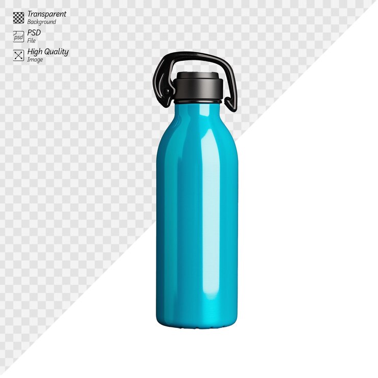 PSD botella de agua de acero inoxidable azul brillante con fondo transparente