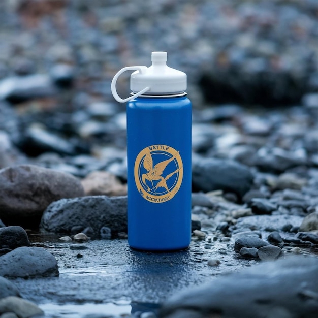 una botella de agua azul con un logotipo de pájaro en ella