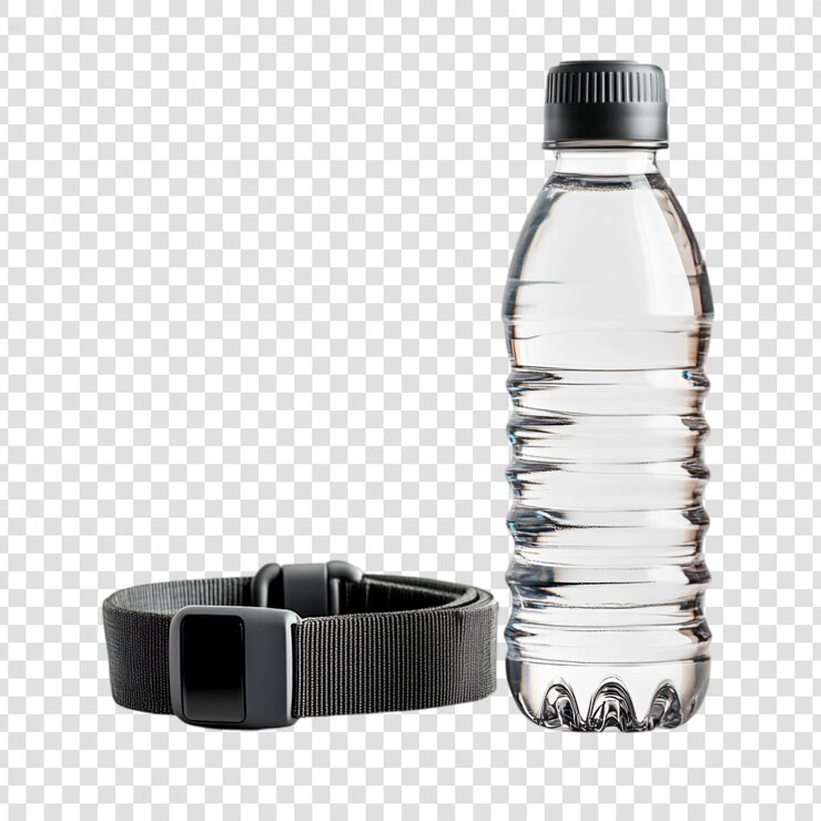 PSD botella de agua azul y rastreador de fitness para un estilo de vida activo