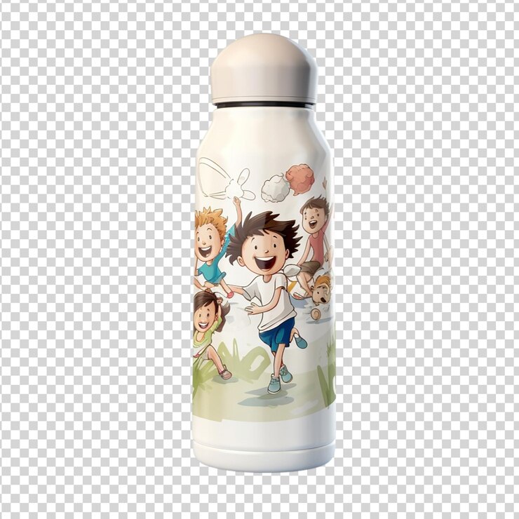 PSD botella de agua de dibujos animados para niños sobre un fondo transparente