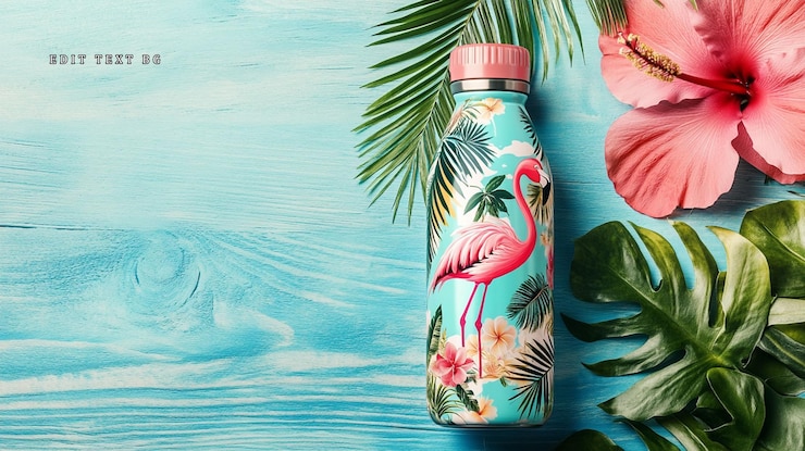 PSD botella de agua diseñada por flamingo sobre hojas tropicales y flores de fondo