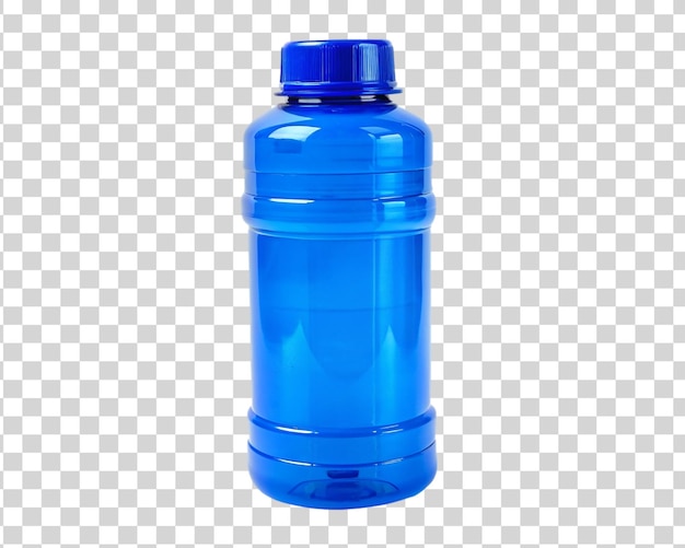 Botella de agua de plástico azul vacía aislada sobre un fondo transparente