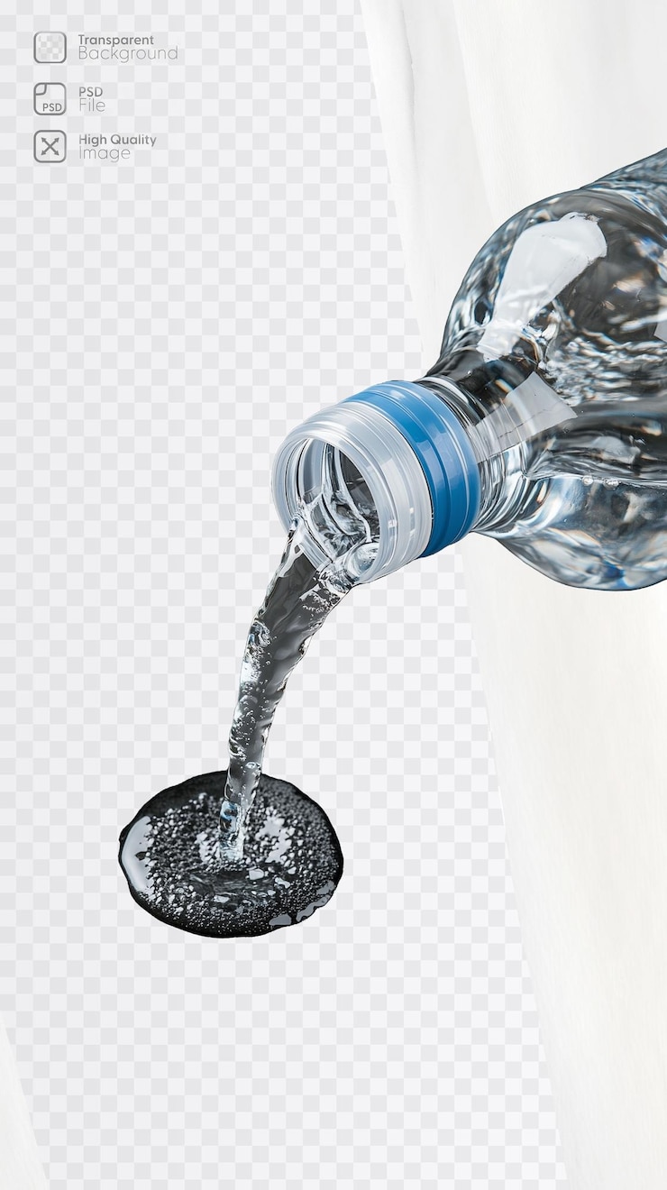 PSD botella de agua de plástico transparente que vierte agua dulce sobre un fondo transparente