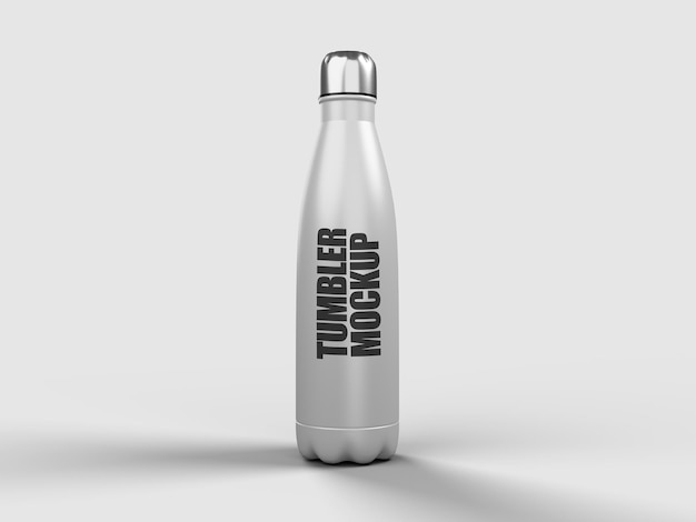 Una botella de agua plateada con las palabras maqueta de vaso.