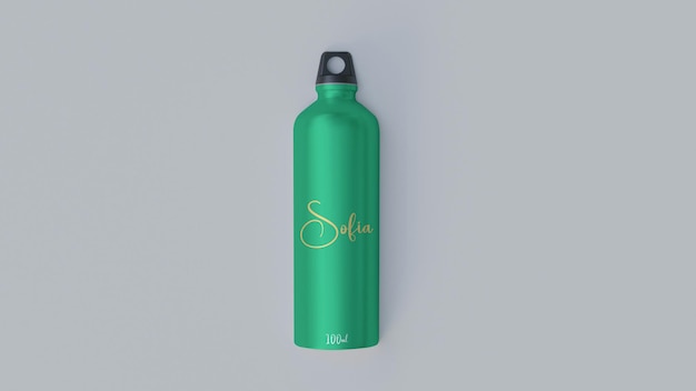 una botella de agua verde con la palabra mar en el frente